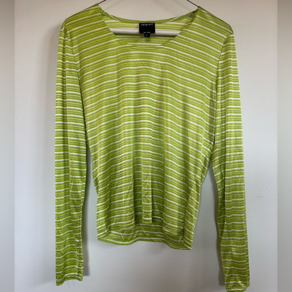 90s/Y2K Green Striped Long Sleeve Top – Slinky Lightweight Sheer
